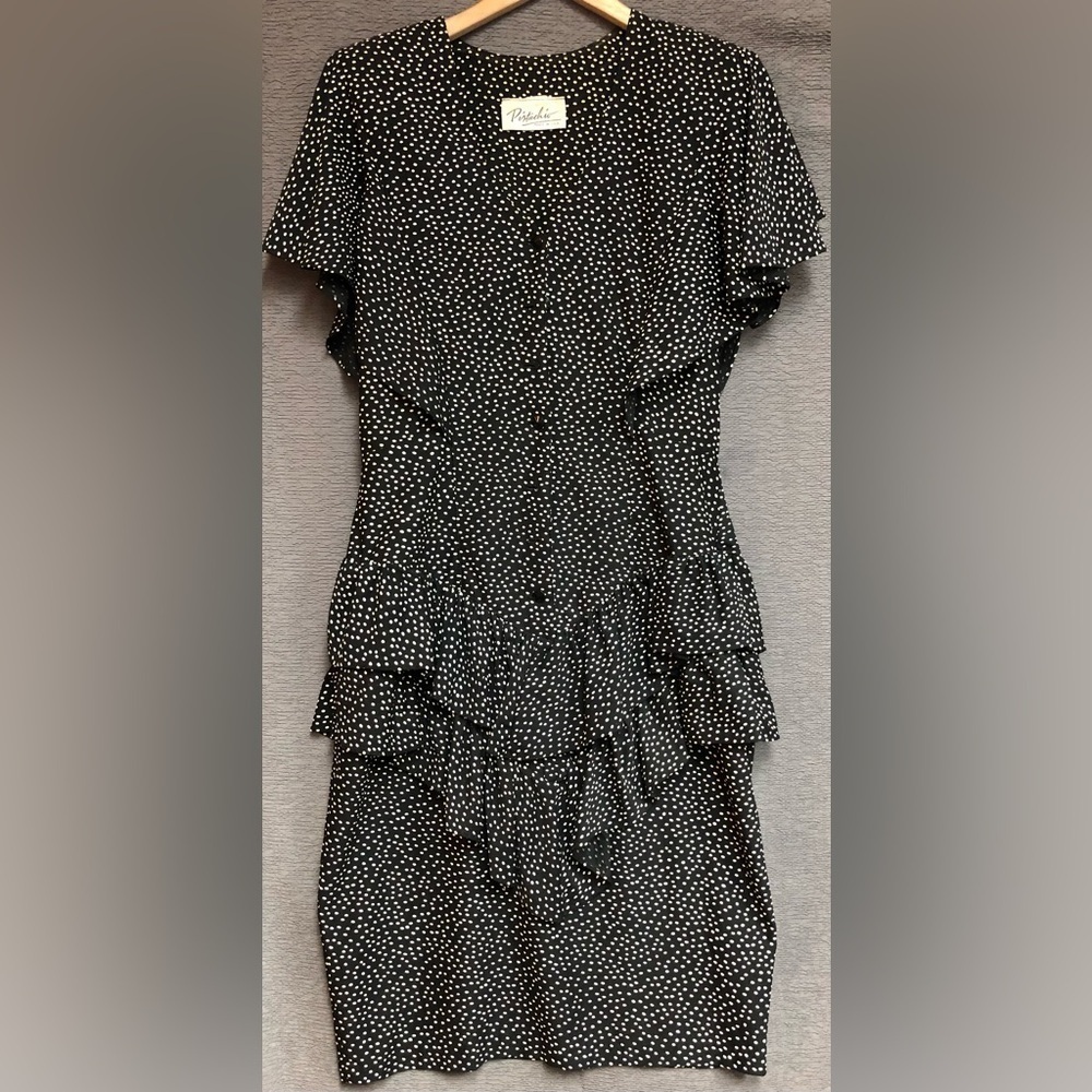 Vintage1980s pistachio black and white polkadot ruffle dress 11/12
